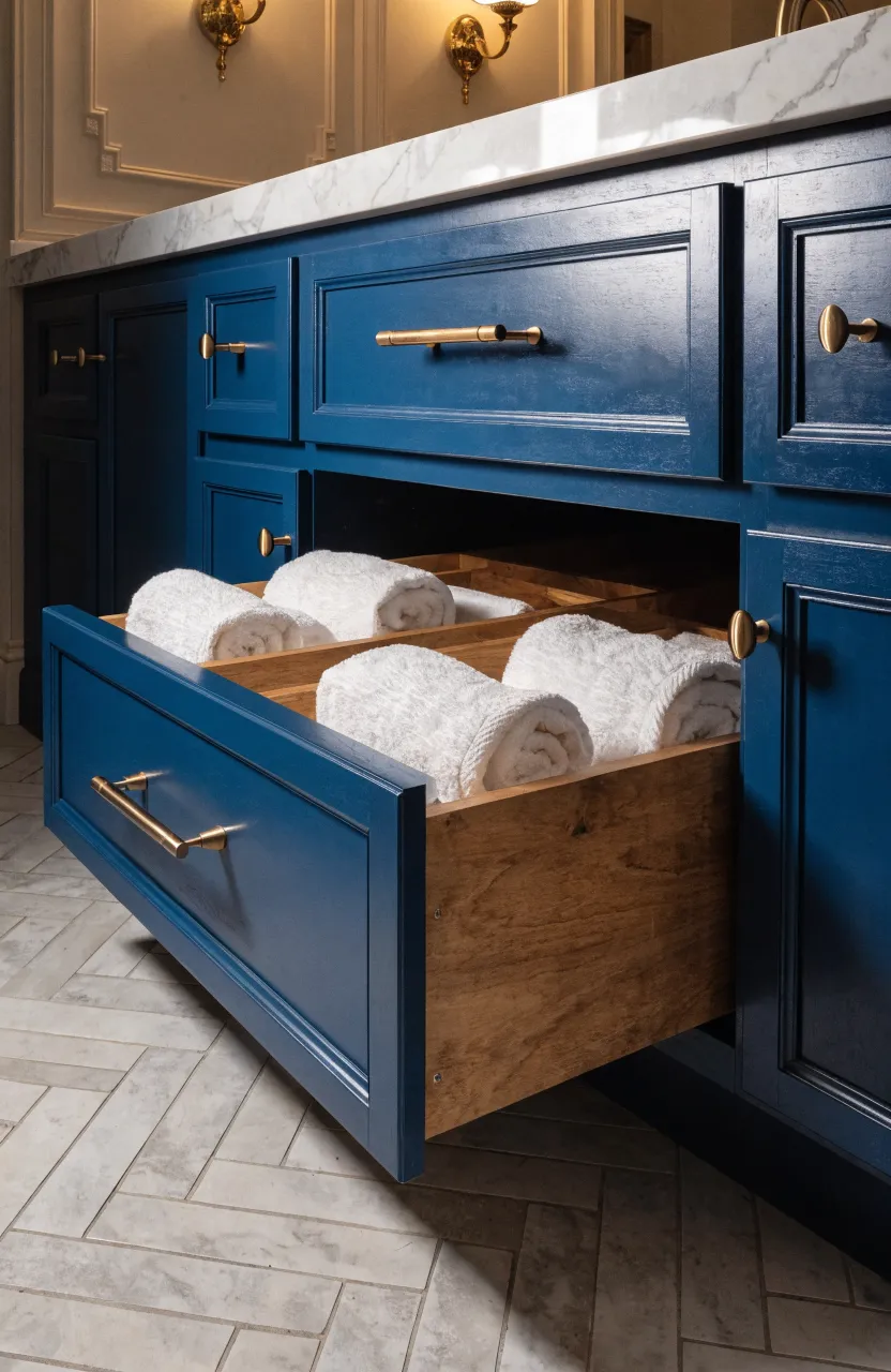 A navy blue long vanity with brushed gold handles and a deep open drawer showing organized storage.