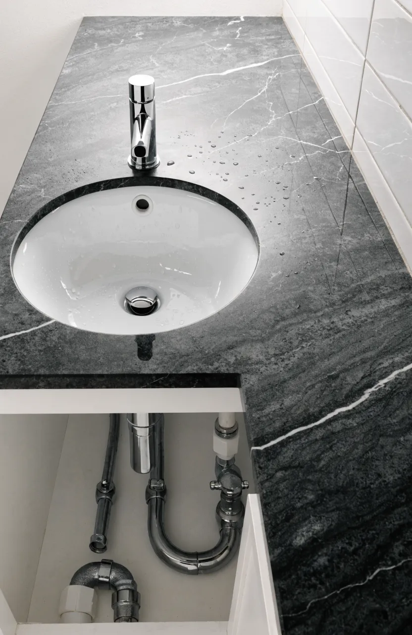 A technical view of a single undermount sink installed on a long charcoal soapstone vanity top.