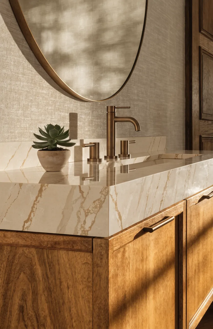 A close-up of a thick cream quartz countertop on a warm teak wood vanity with bronze hardware.