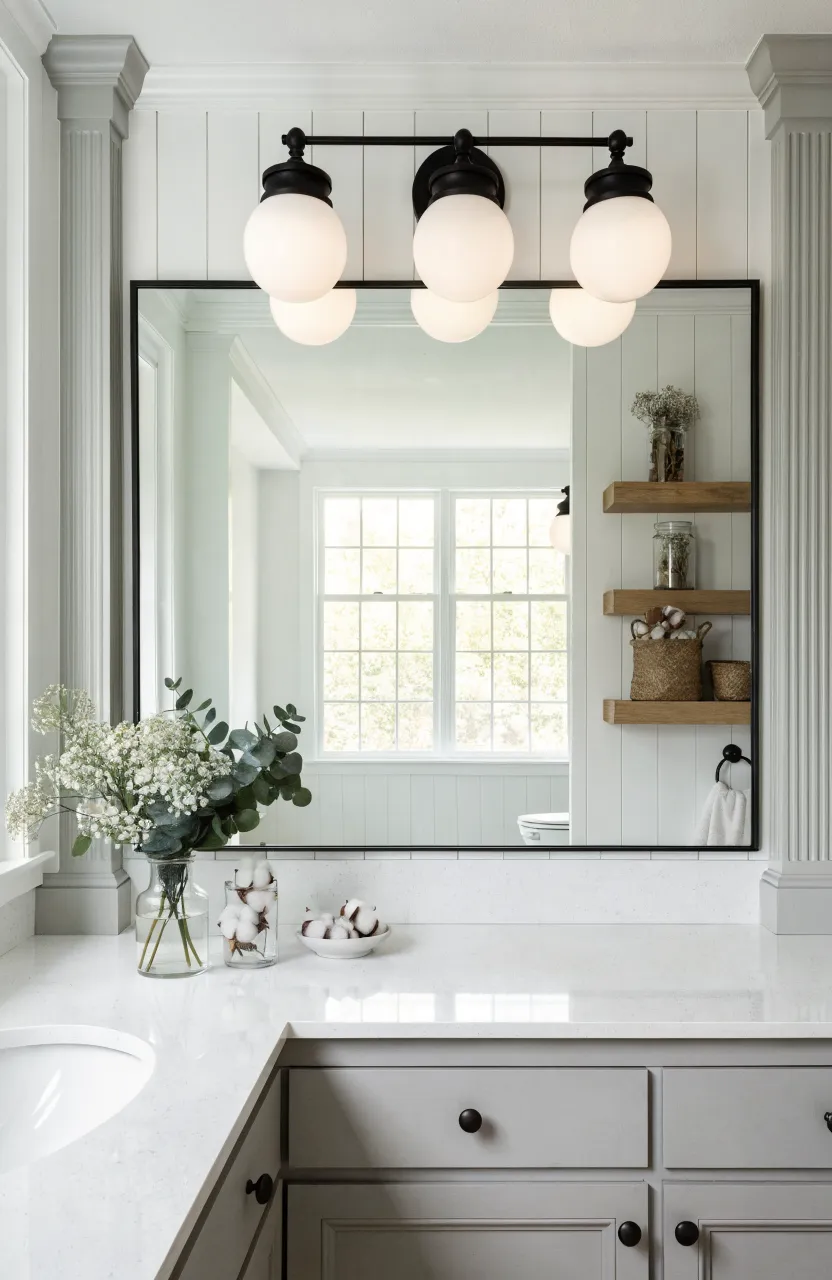 A 60-inch bathroom vanity with a large centered mirror and a triple-sconce light fixture above.