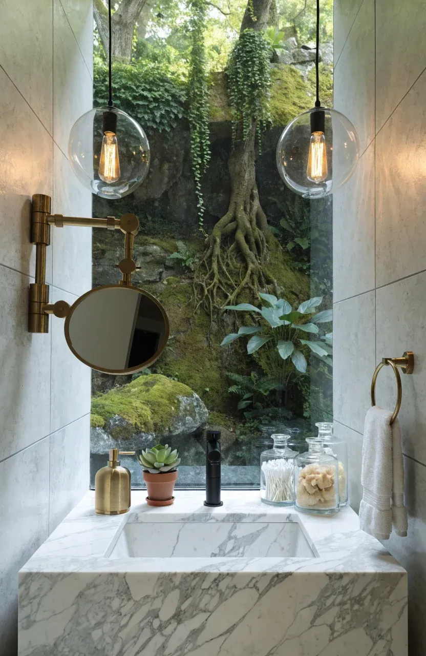 A modern bathroom vanity featuring a large window behind the sink and a brass swing-arm mirror.