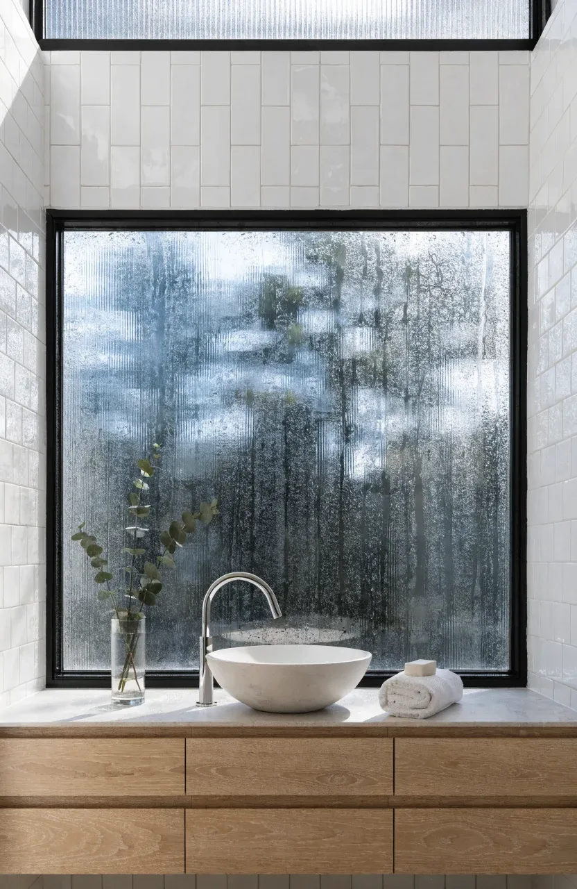 A bathroom vanity with a rain-glass window providing privacy while letting in soft natural light.