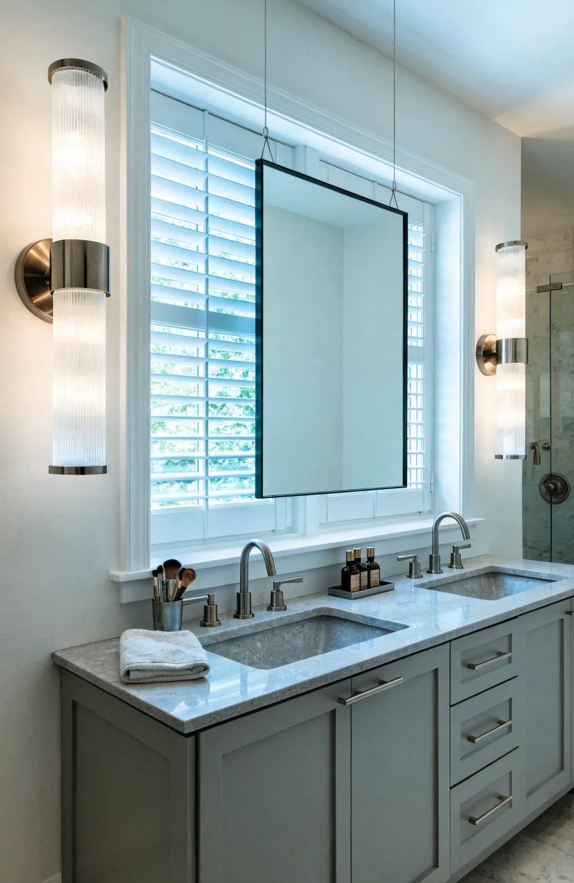 A bathroom vanity with a window, featuring wall sconces and shutters to manage light for grooming.