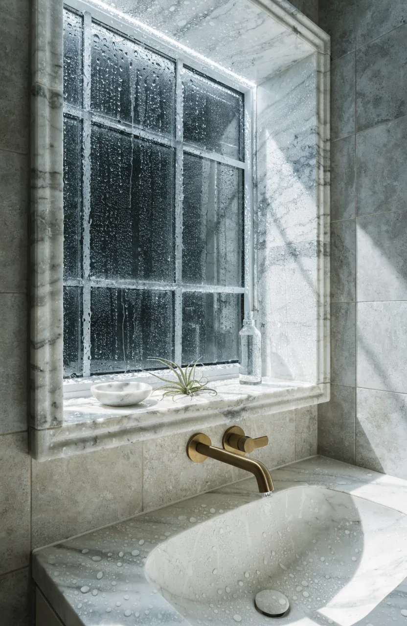 A close-up of a bathroom window framed in marble and vinyl for moisture resistance near the sink.