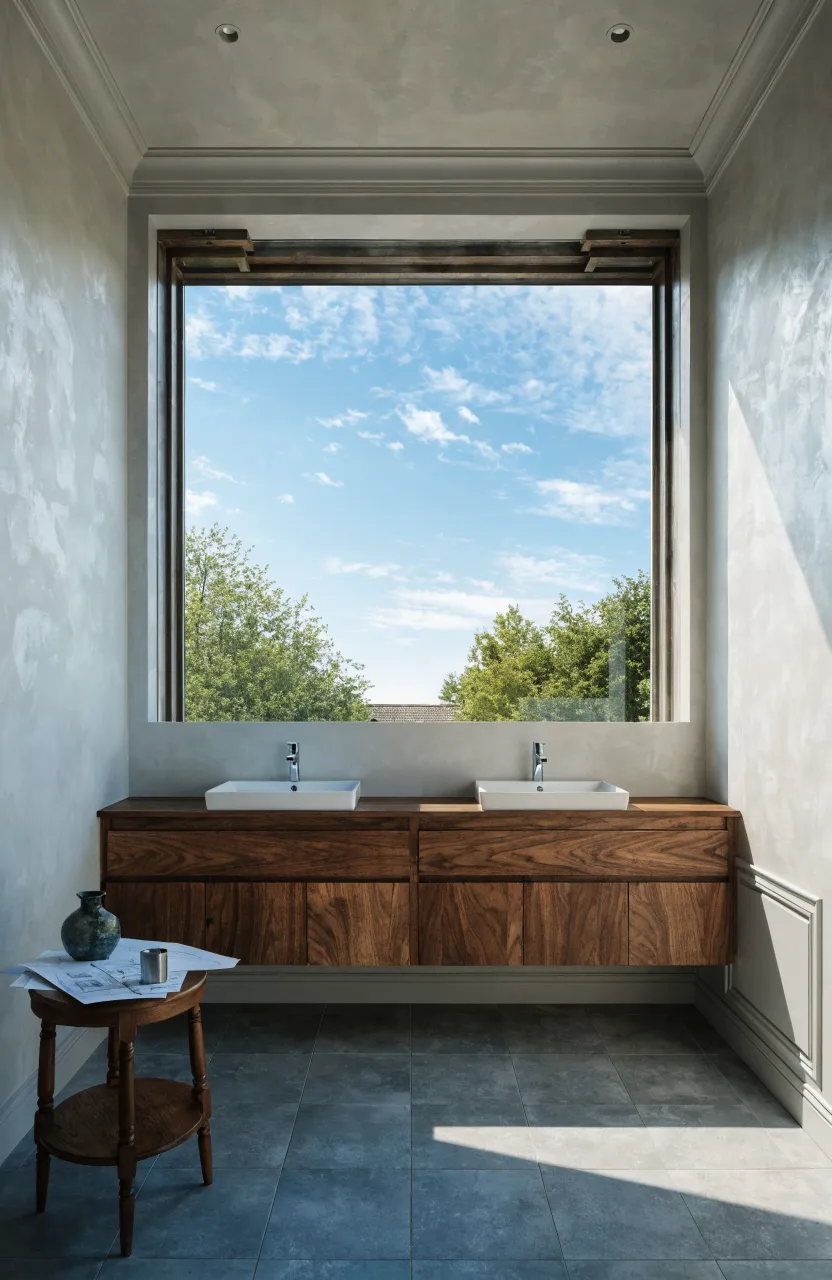 A structurally sound bathroom vanity wall featuring a wide window with a proper header and plumbing.
