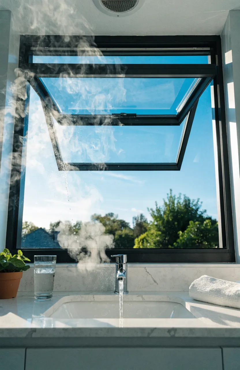An open awning window above a bathroom vanity providing fresh air and ventilation.