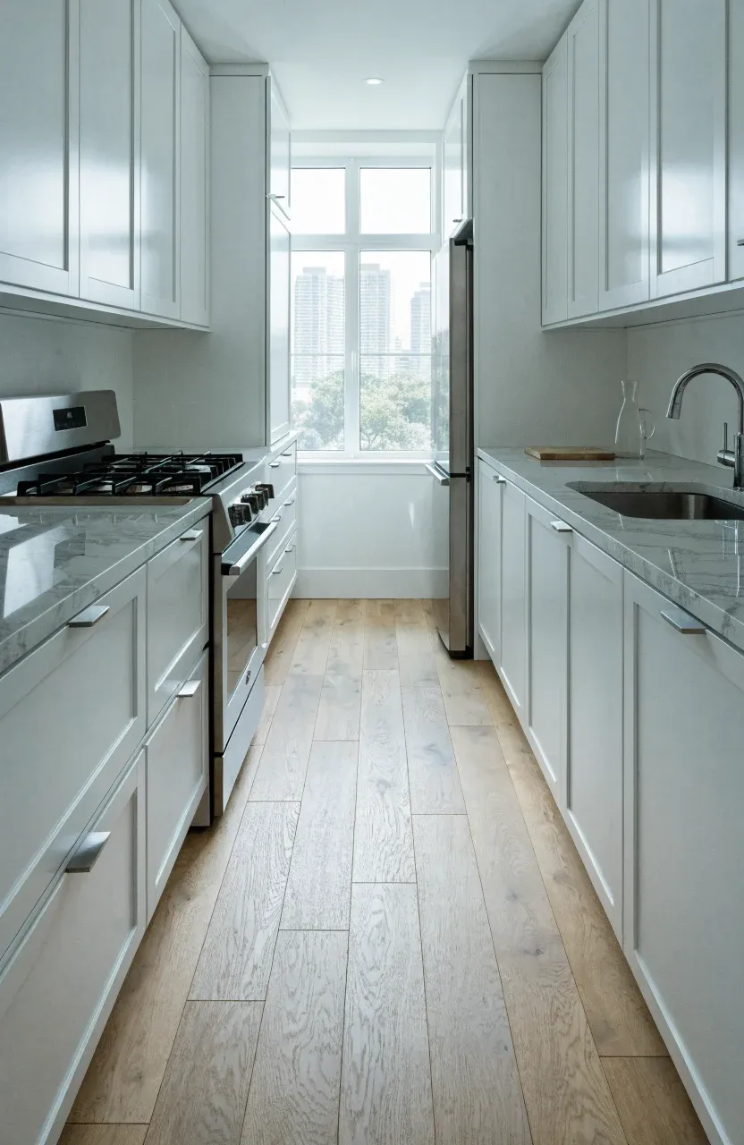 A bright, narrow galley kitchen with white cabinets, wood floors, and a window at the end.