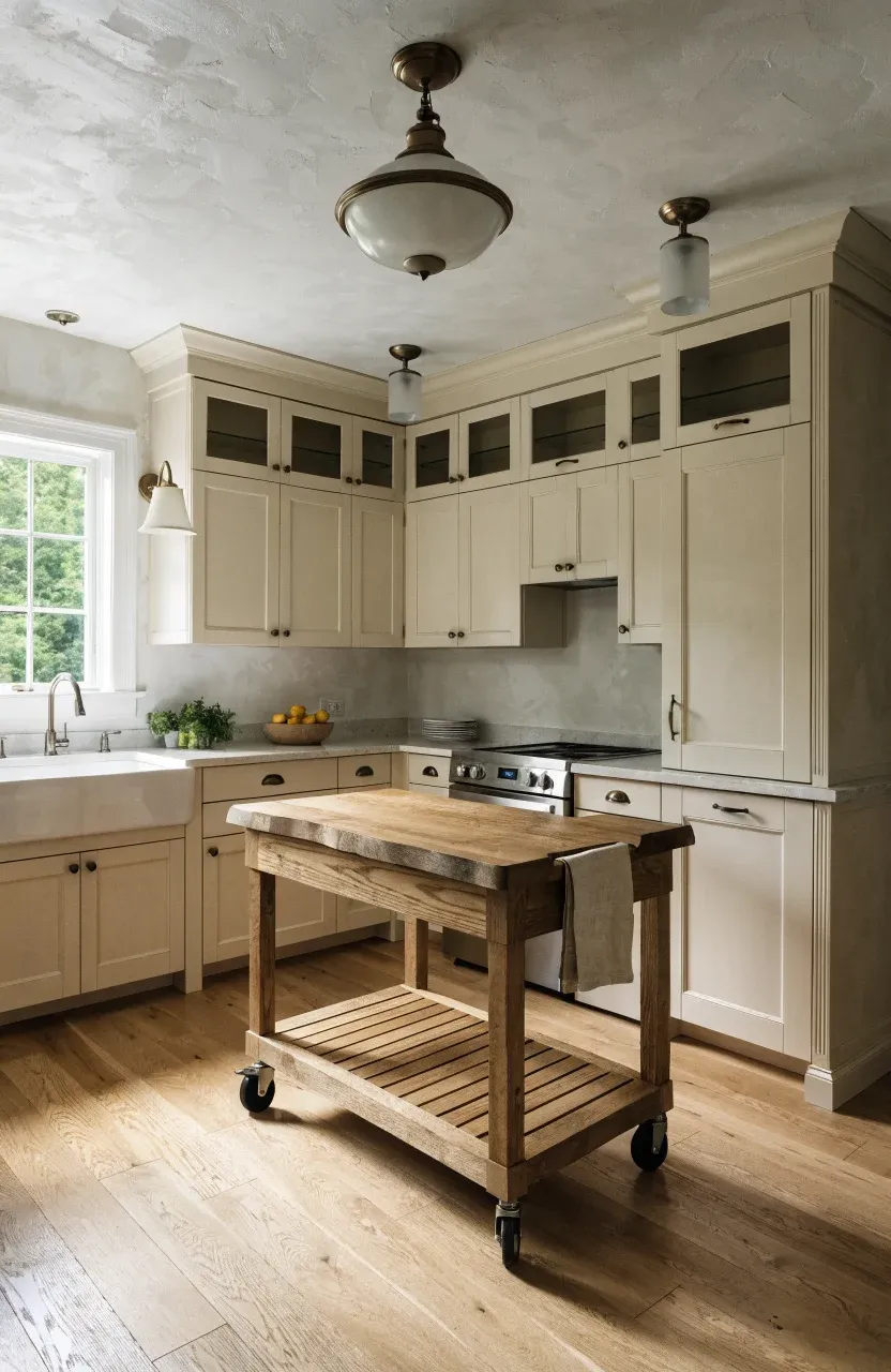 A bright L-shaped cottage kitchen with cream cabinets and a central wooden butcher block island.