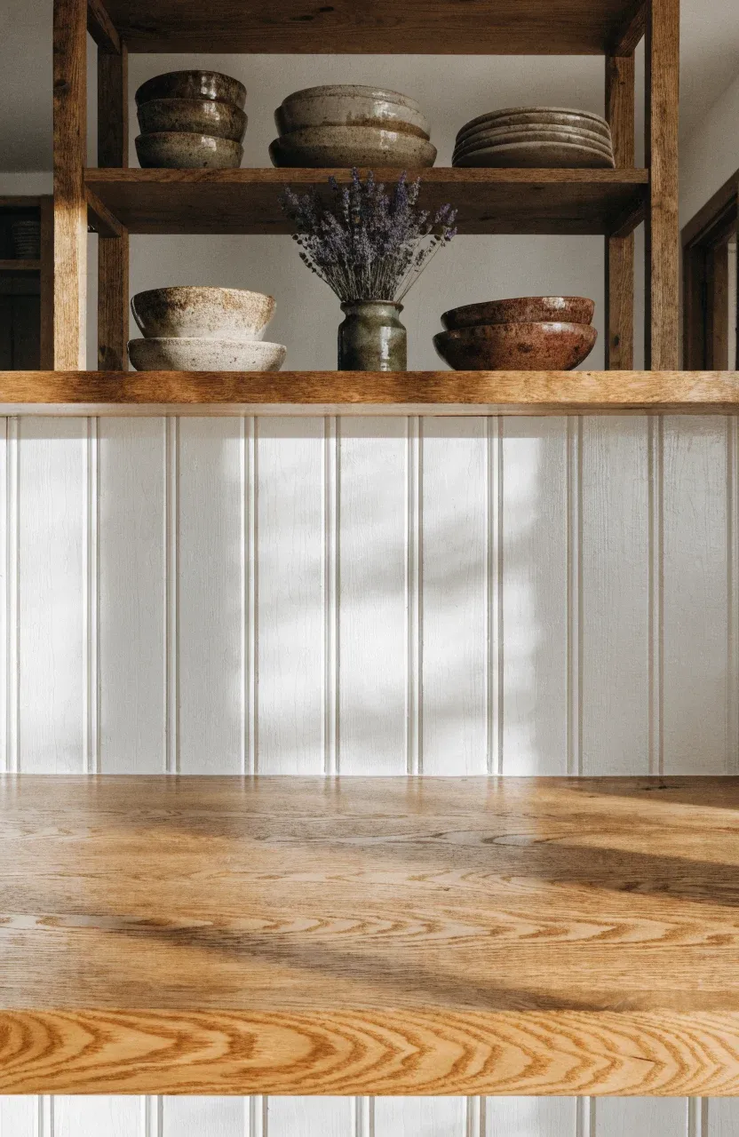 Close-up of a warm oak countertop against a white beadboard backsplash in a cottage kitchen.
