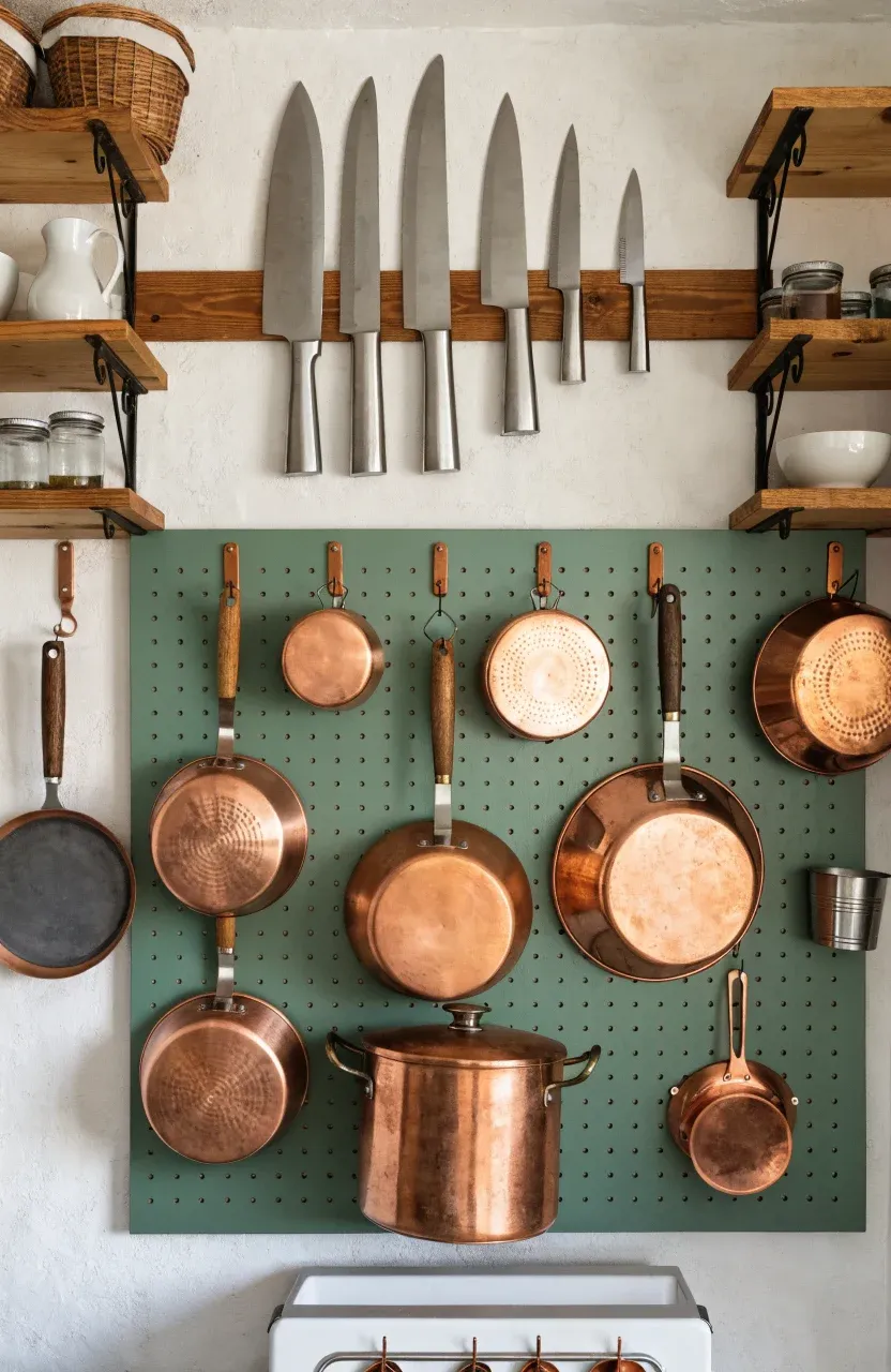 A kitchen wall with a magnetic knife strip, a green pegboard for pans, and open wooden shelves.