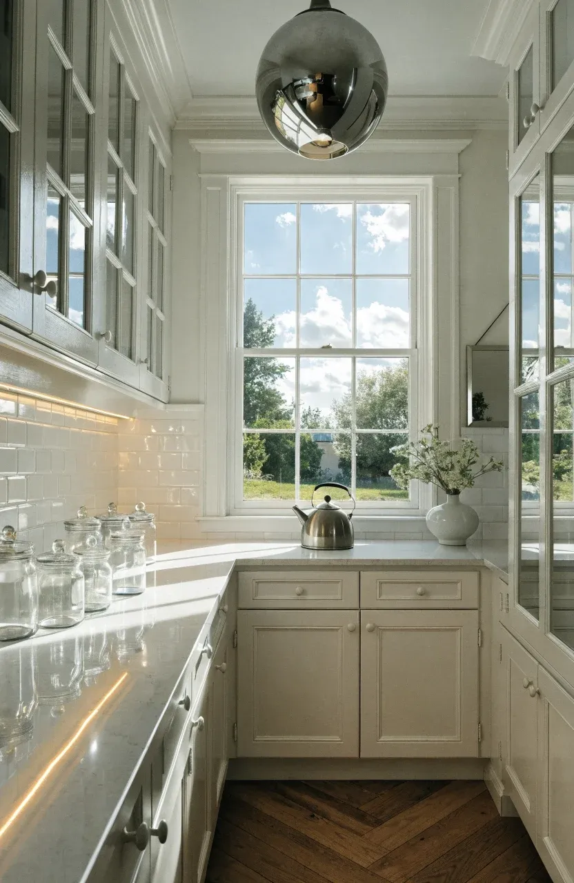 A bright cottage kitchen with under-cabinet lighting, a large window, and reflective surfaces.