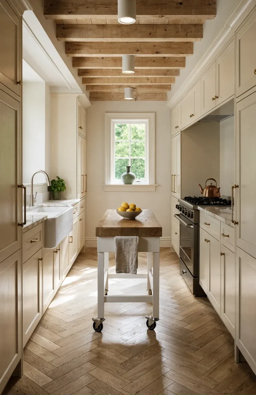A narrow galley-style cottage kitchen with cream cabinets, marble counters, and a butcher block.