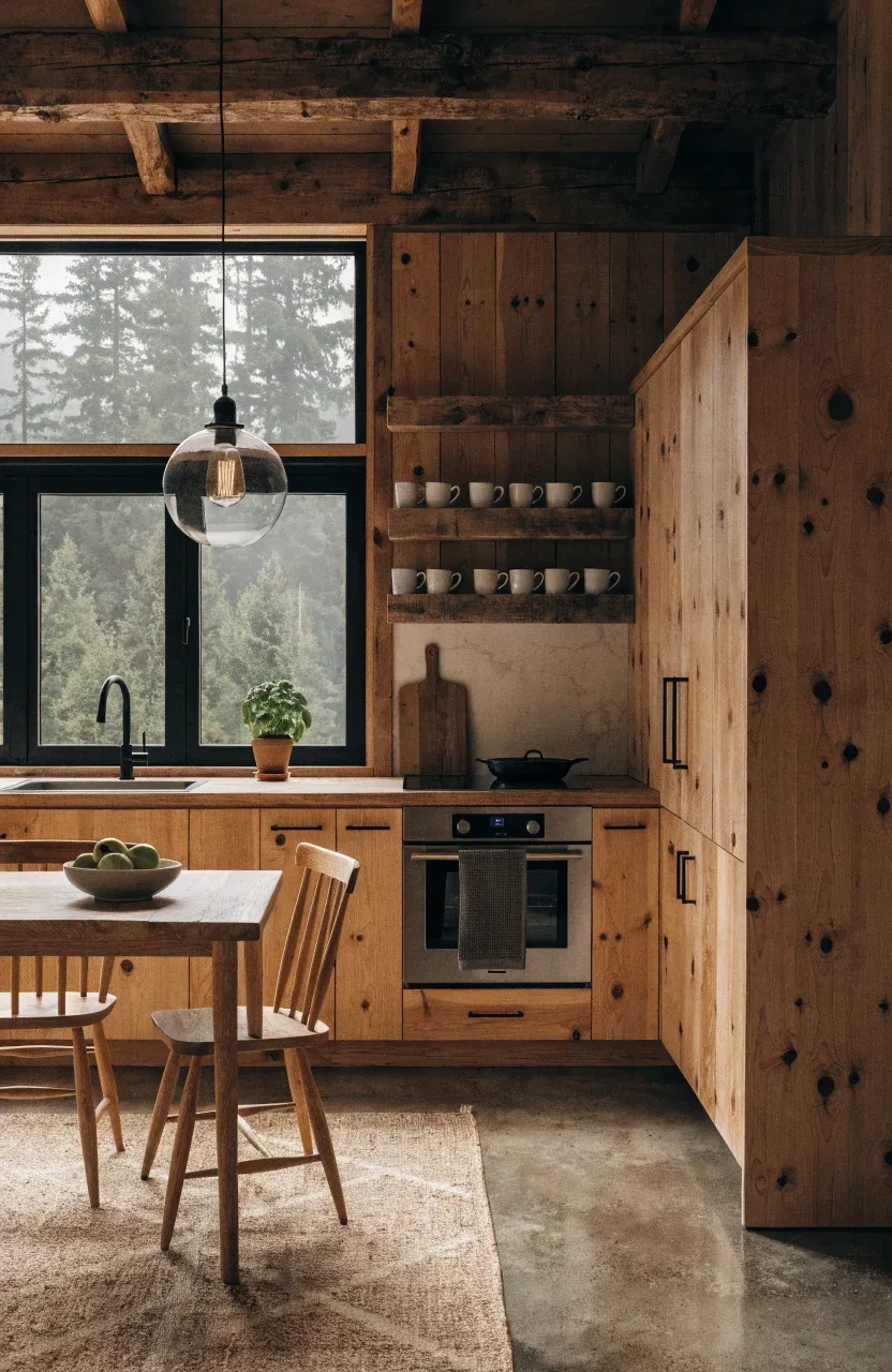 A space-efficient one-wall cabin kitchen with pine cabinets, a dining table, and forest views.