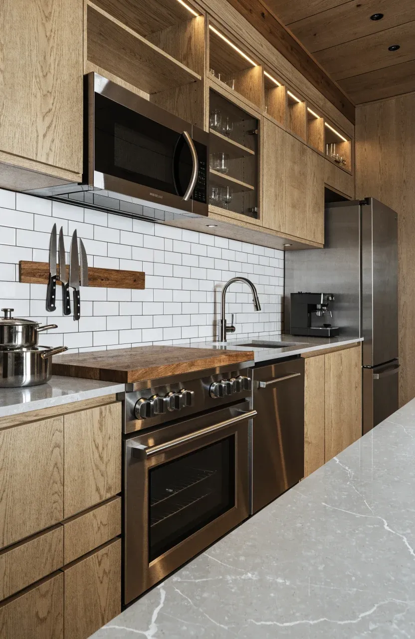 A modern cabin kitchen featuring a 24-inch range, slim dishwasher, and integrated appliances.