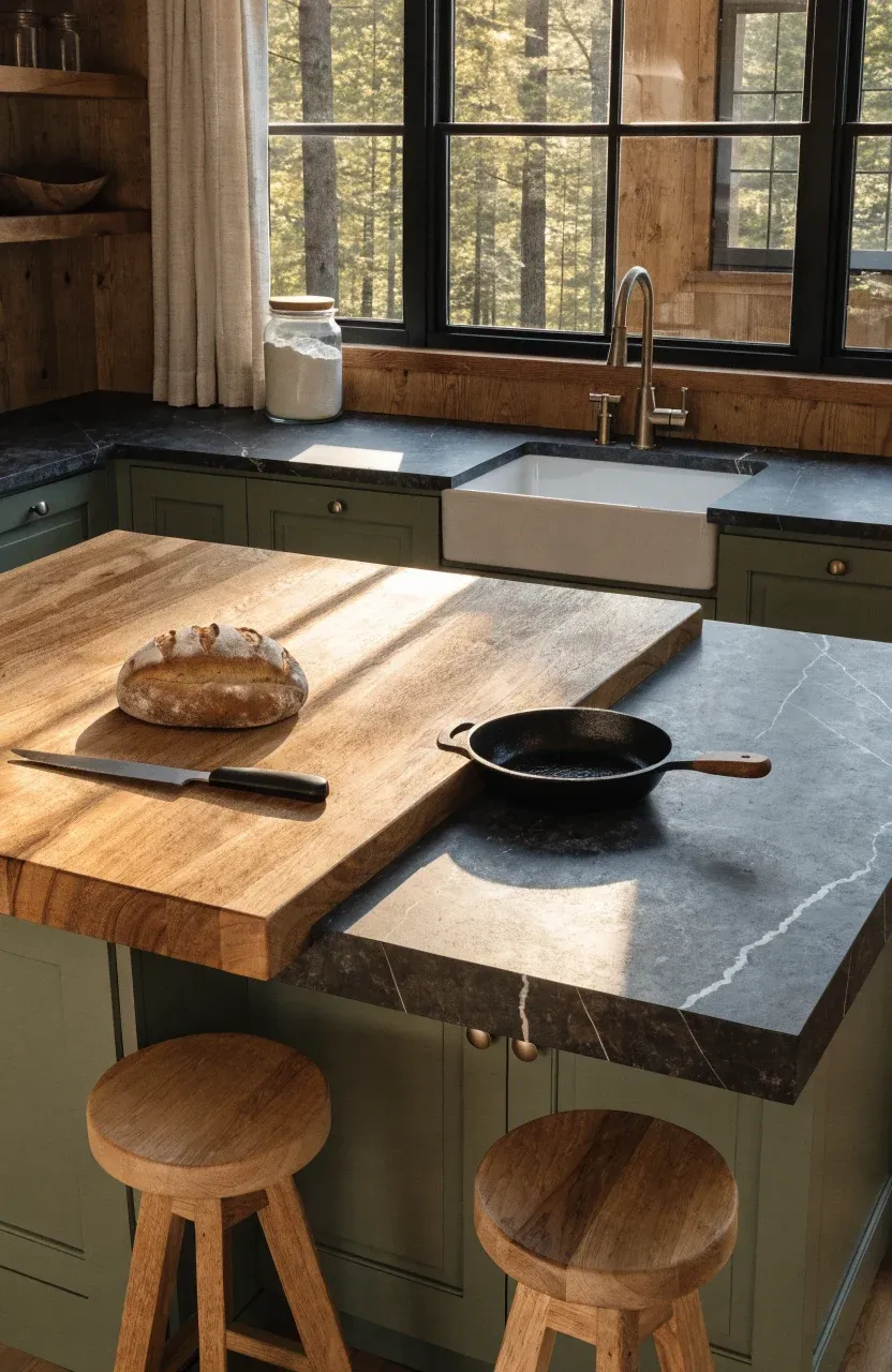 A cabin kitchen featuring a mix of warm butcher block and dark soapstone countertops.