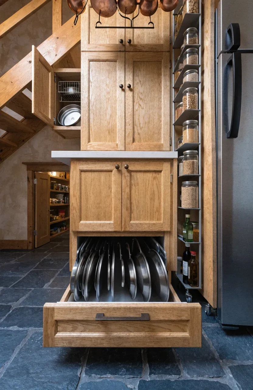 A cabin kitchen showing a toe-kick drawer, a slim pull-out pantry, and under-stairs storage.