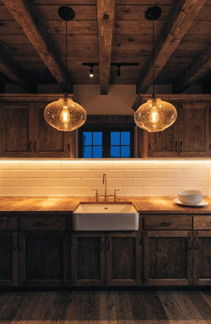 A cozy cabin kitchen at night with warm under-cabinet LEDs, glass pendants, and track lighting.