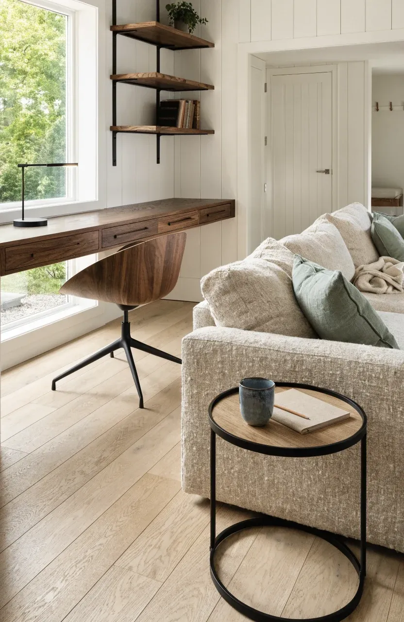 A functional tiny home interior featuring a built-in walnut desk and an oatmeal sectional sofa.