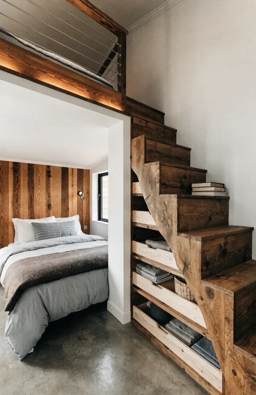 A tiny home interior showing a ground floor bed next to a staircase with built-in storage drawers.