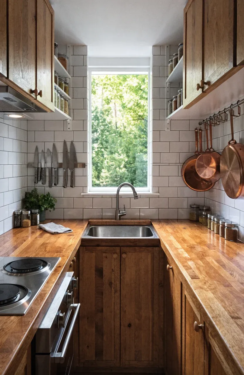 An efficient tiny home galley kitchen with butcher block counters and vertical storage.