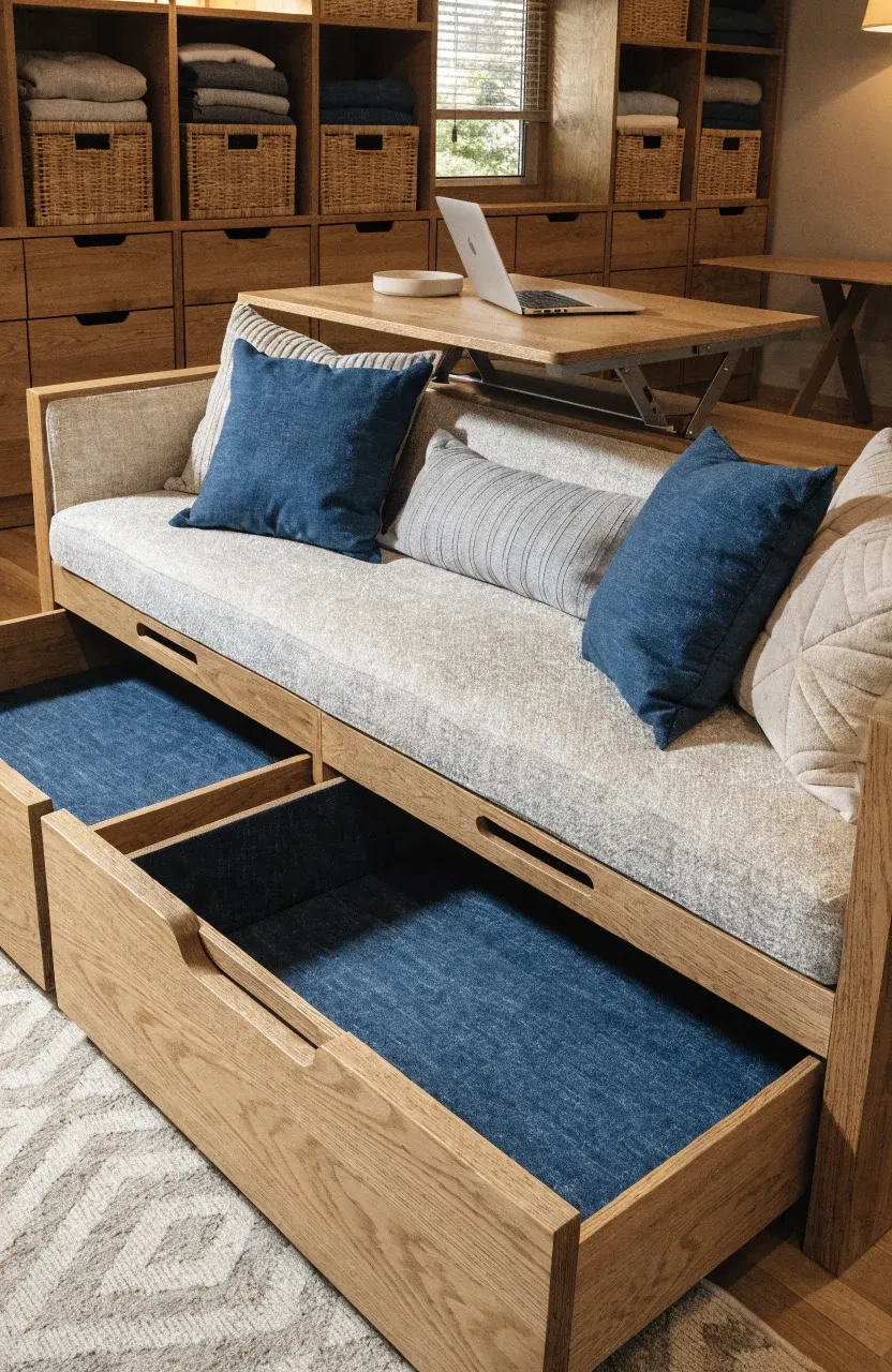 A tiny home living area featuring a lift-top coffee table and a sofa with built-in storage drawers.