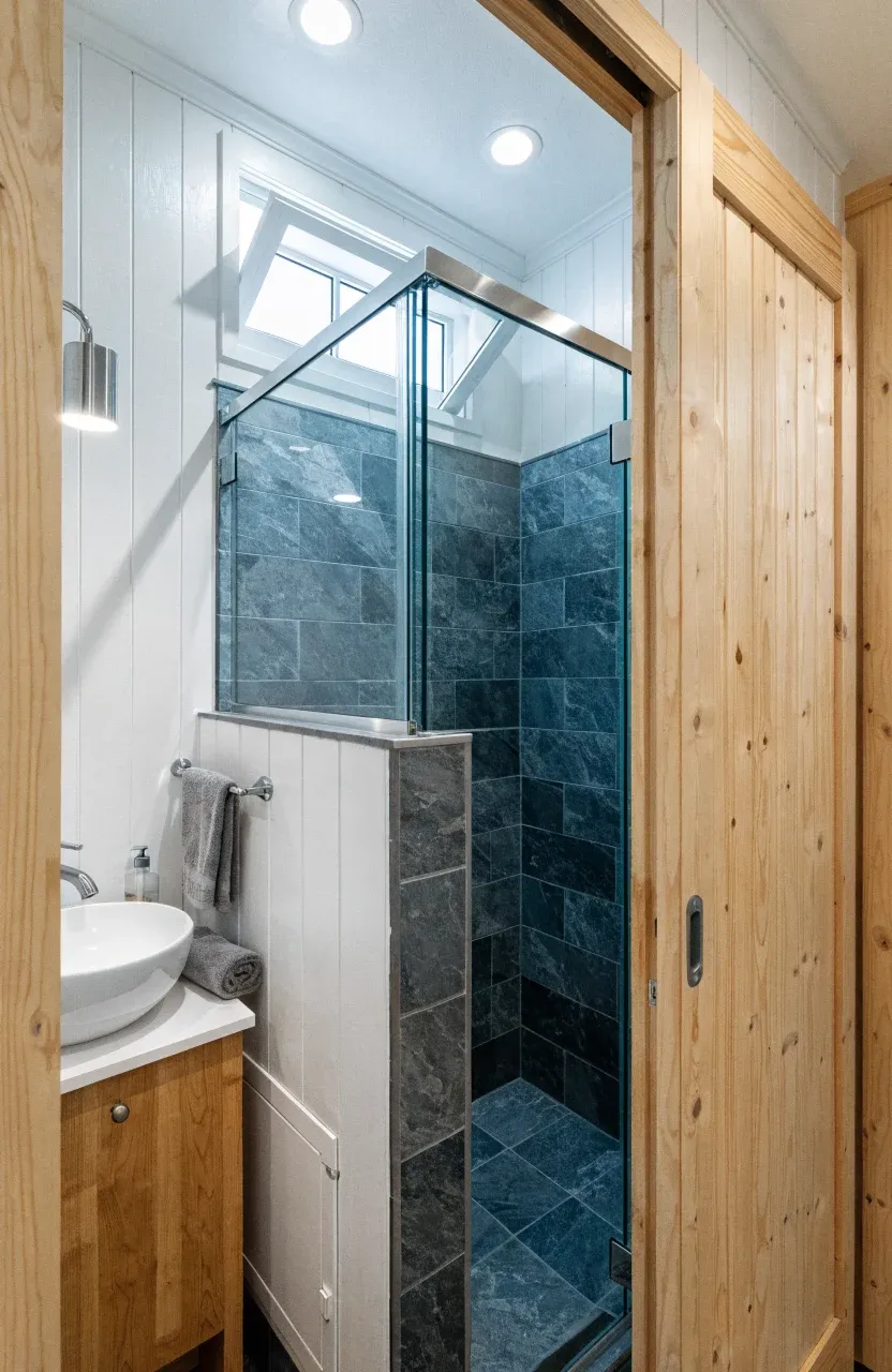 A compact tiny home bathroom with a sliding pocket door, vessel sink, and slate tile shower.