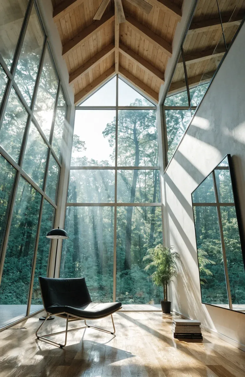A tiny home living room with a vaulted ceiling and a large window wall overlooking a forest.
