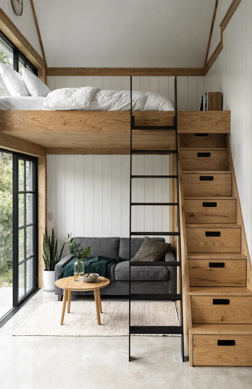 A modern small home interior showing a wooden sleeping loft above a compact living room area.