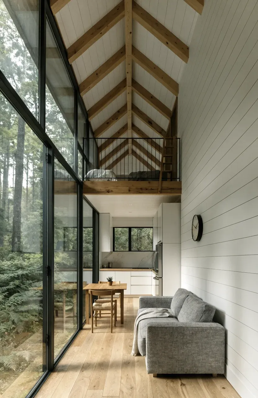 A modern mini house interior with high ceilings, a lofted bed, and an open-plan living area.