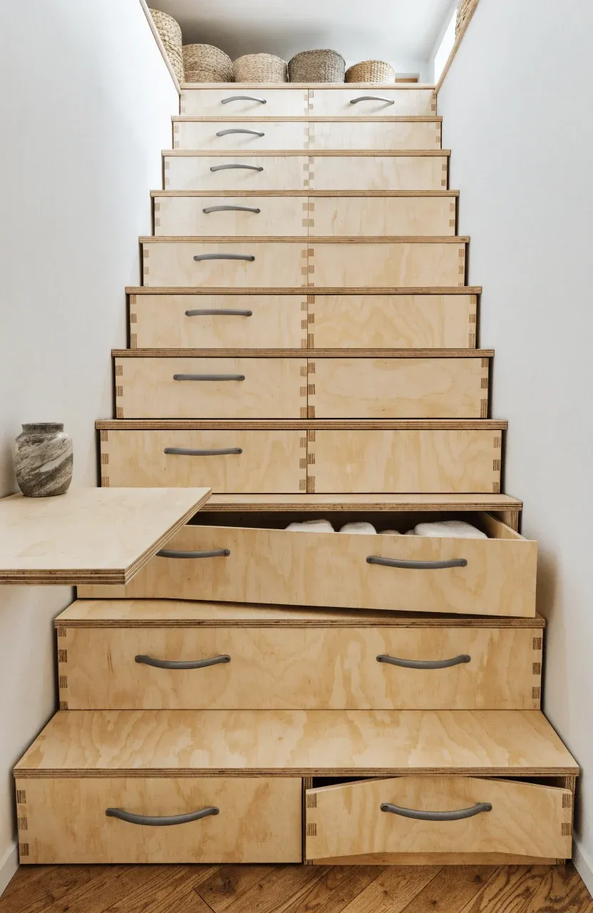 Wooden stairs in a tiny home featuring integrated pull-out storage drawers for maximizing space.