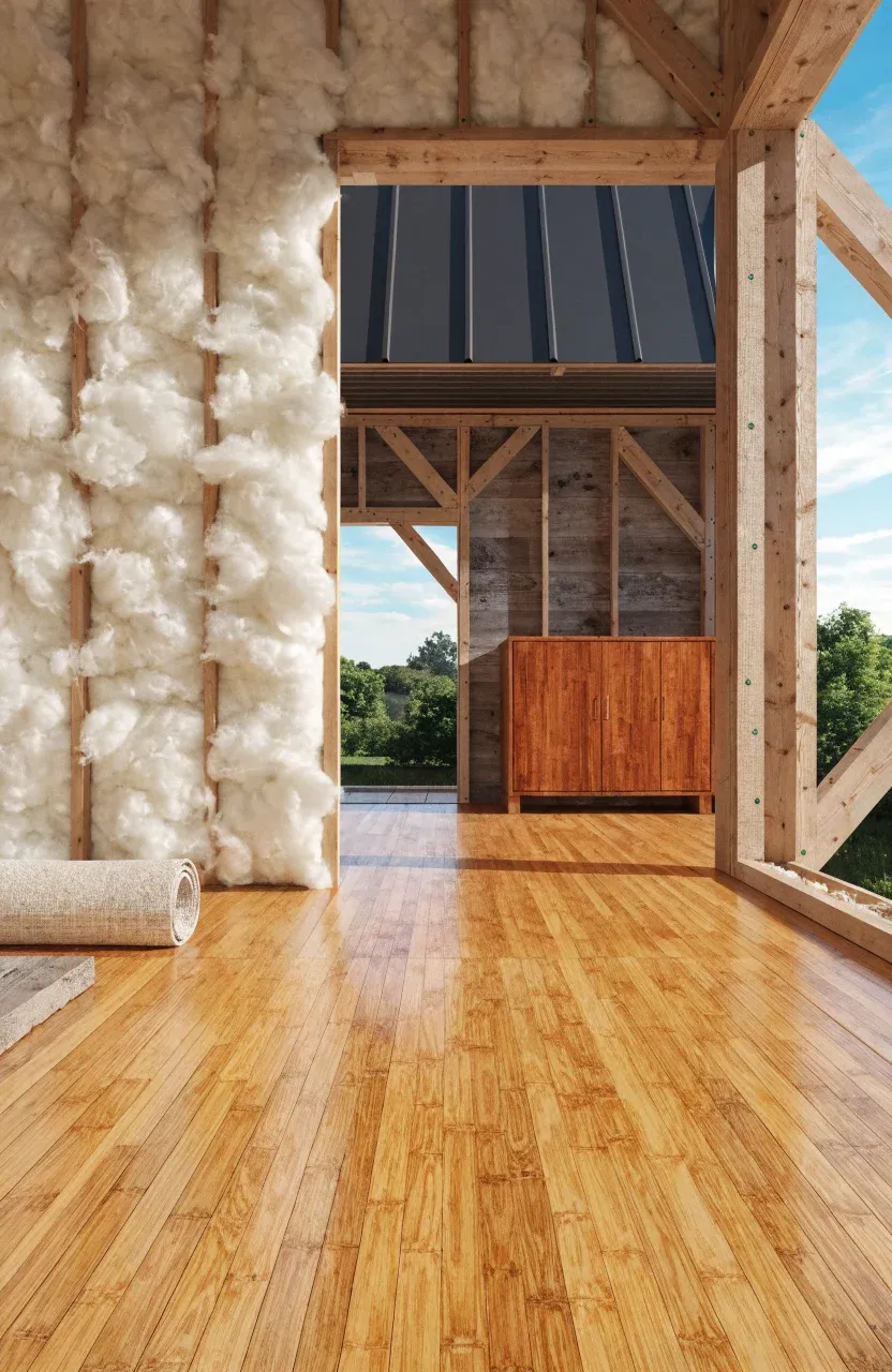 Eco-friendly materials like bamboo flooring and sheep's wool insulation inside a mini house.
