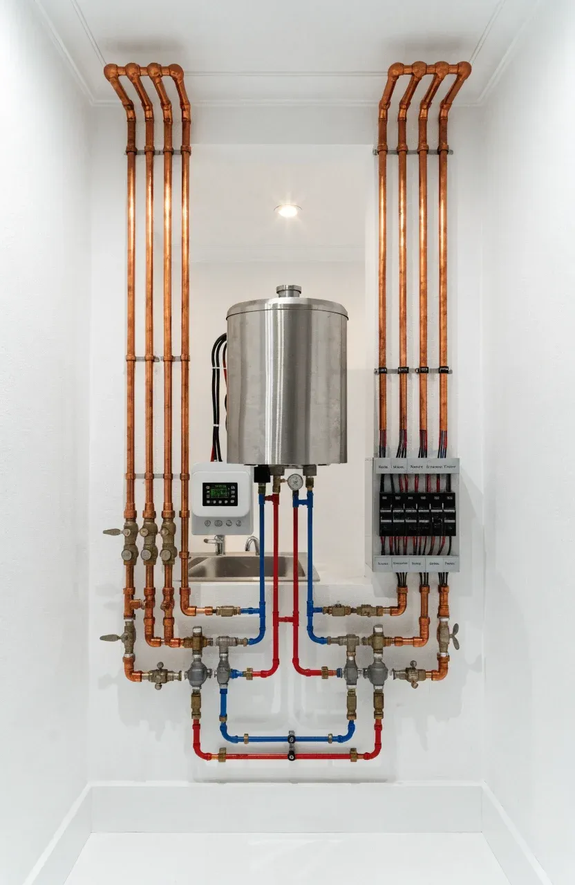 An organized utility wall in a tiny house with a tankless water heater and electrical panel.