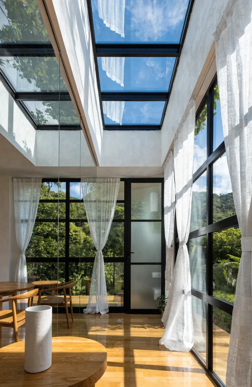A bright mini house interior with large windows, a skylight, and a mirror to maximize light.