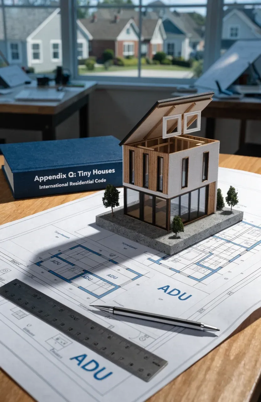 An architectural model and blueprints for a mini house, showing zoning and code compliance.