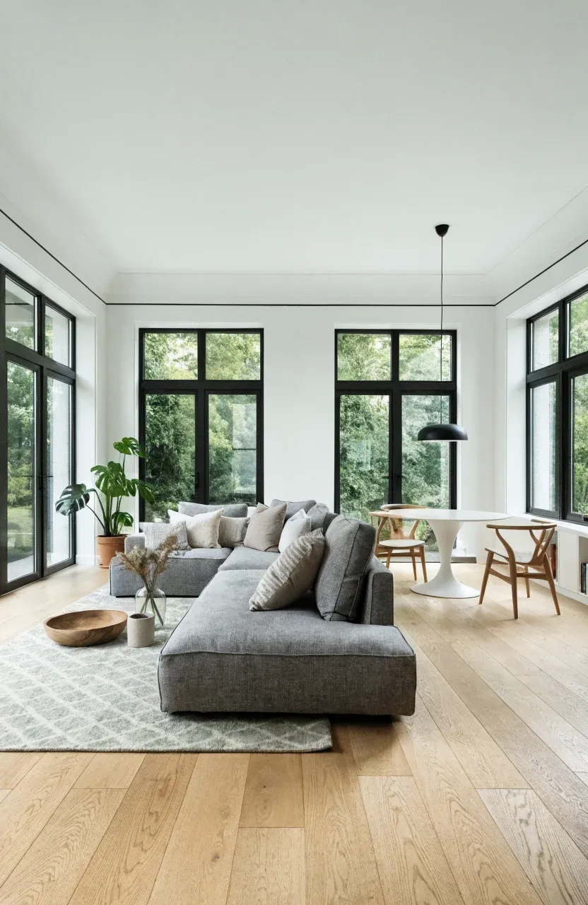 An open-plan small home interior showing a living area divided from a dining space by a sofa.
