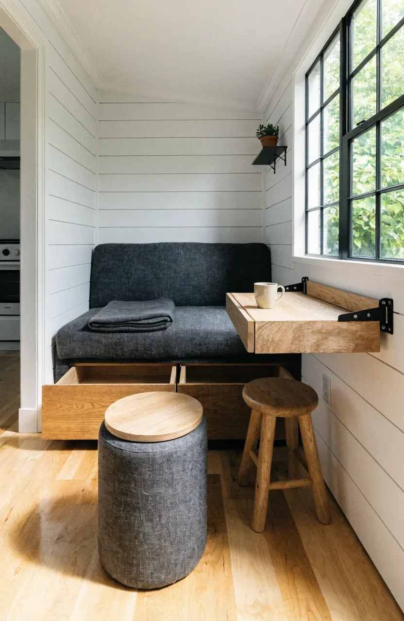 A tiny house interior featuring a storage sofa and a wall-mounted folding table in a bright room.