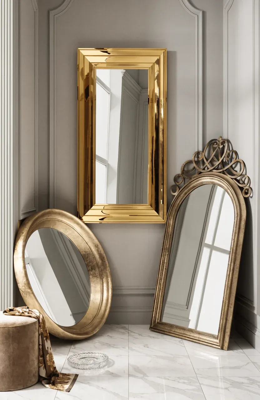 Three gold mirrors with polished, brushed, and antique finishes in a luxury room.