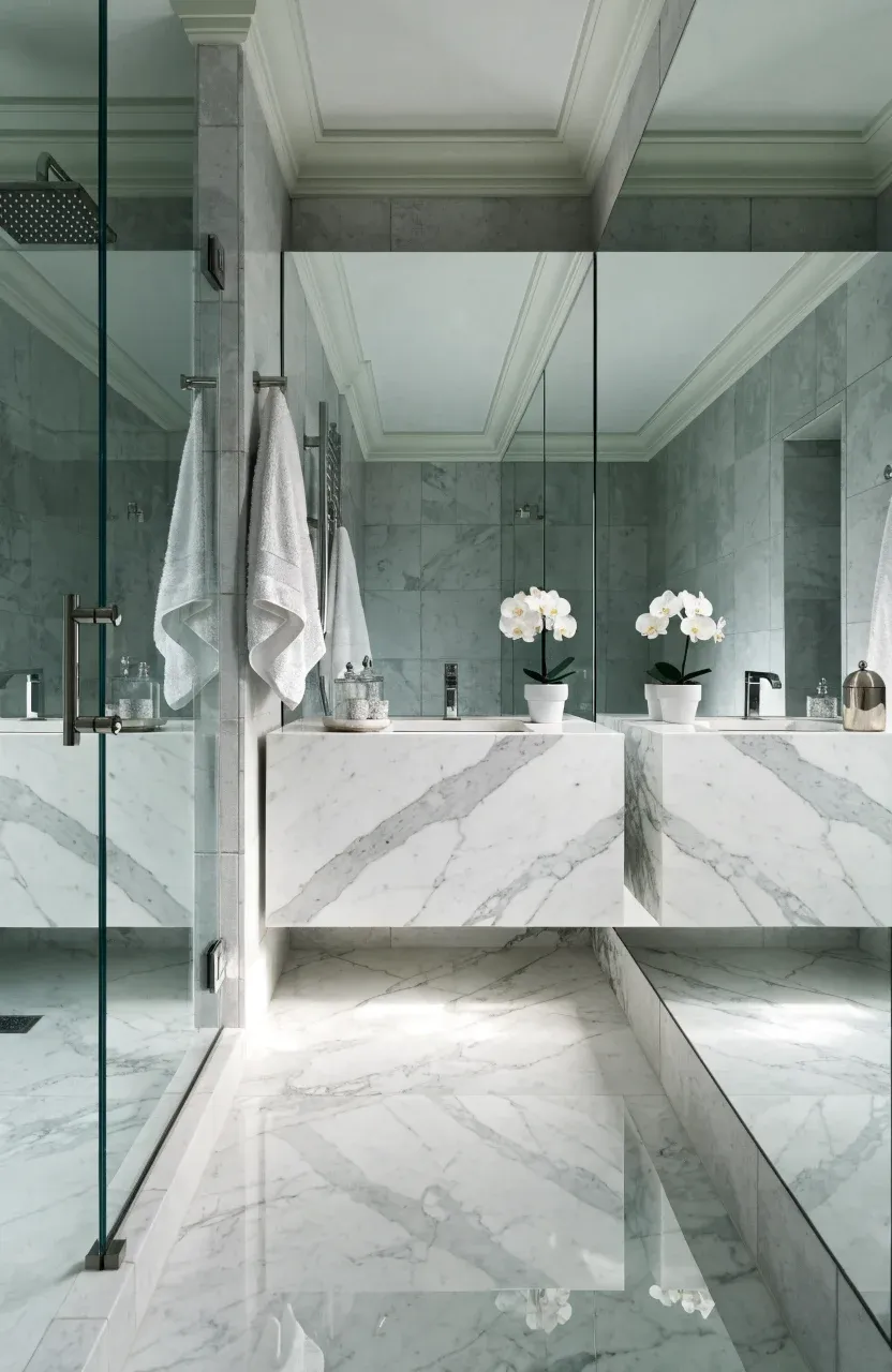 A small modern bathroom made to look larger with a seamless floor-to-ceiling wall mirror.