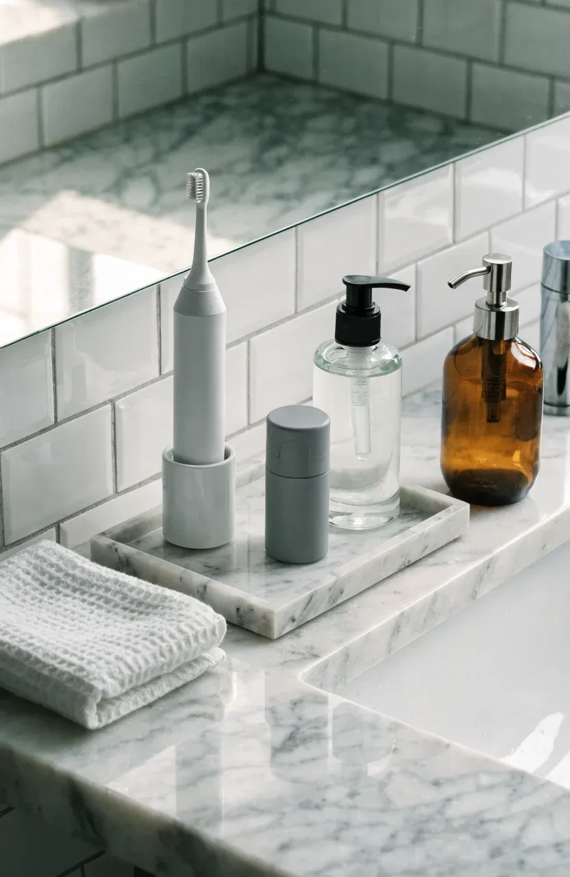A clean bathroom vanity with a marble tray holding a toothbrush, cleanser, and soap in a bright room.