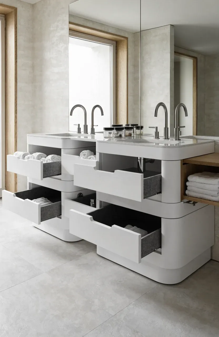 A modern white bathroom vanity with open drawers and pull-out shelves showing organized storage.