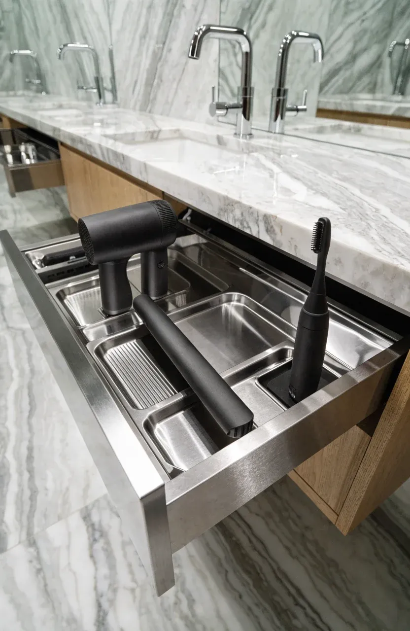 A bathroom vanity drawer with built-in heat-resistant holsters and power outlets for hair tools.