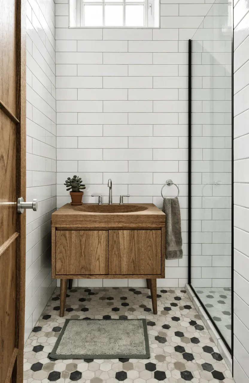 A wide view of a bathroom showing a well-sized walnut vanity with plenty of floor space around it.