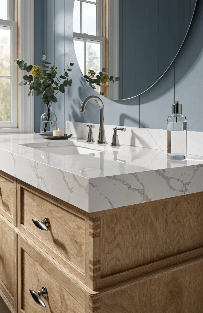 A close-up wide shot of a quartz vanity top and oak cabinet showing high-quality finishes.