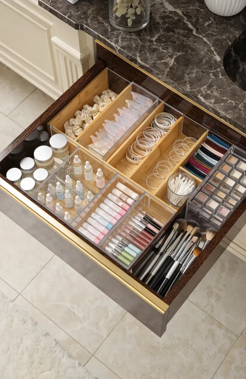 An open vanity drawer with clear and bamboo dividers holding neatly arranged beauty products.