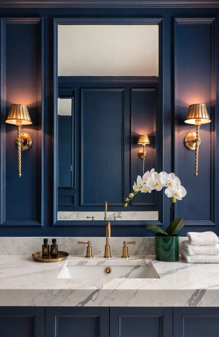 A bathroom vanity with a large mirror and two brass sconces on the sides for even lighting.