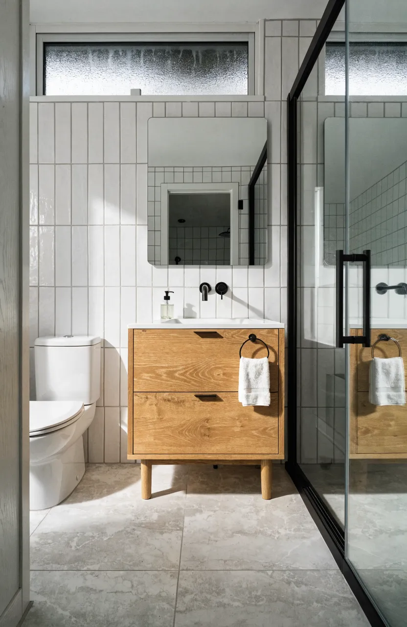 A wide view of a 24-inch oak vanity in a small bathroom with proper clearance.