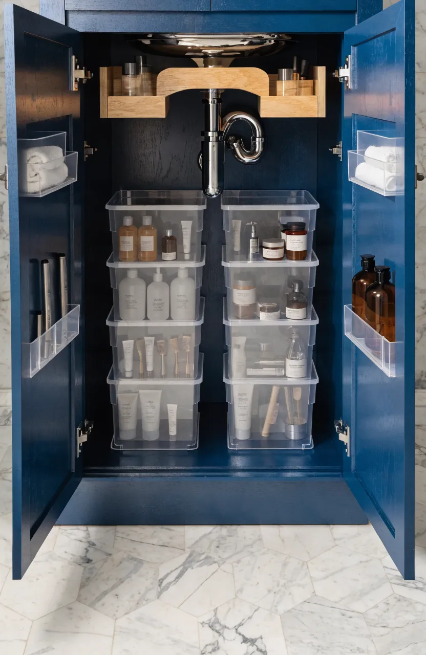 Open vanity cabinet showing U-shaped drawers and tiered acrylic organizers.