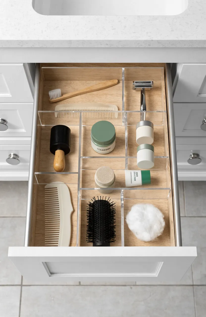Top-down view of a bathroom vanity drawer with clear acrylic dividers and toiletries.