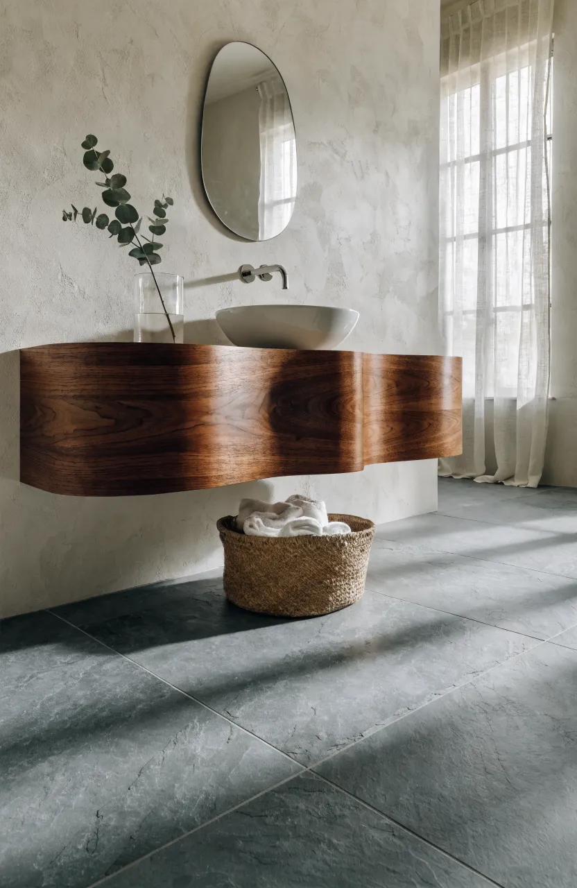 A dark walnut floating vanity with a woven basket underneath on a slate floor.