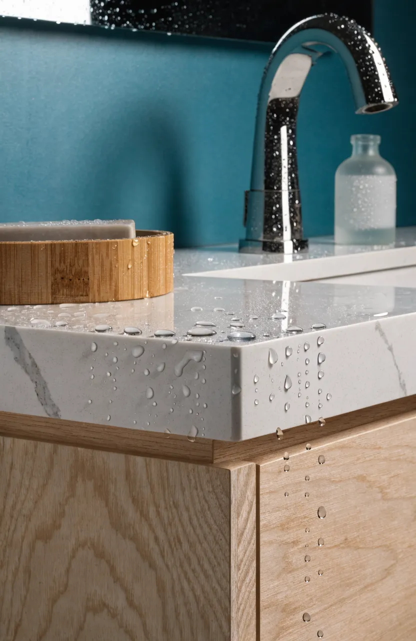 Close-up of a white quartz countertop and light maple vanity cabinet.